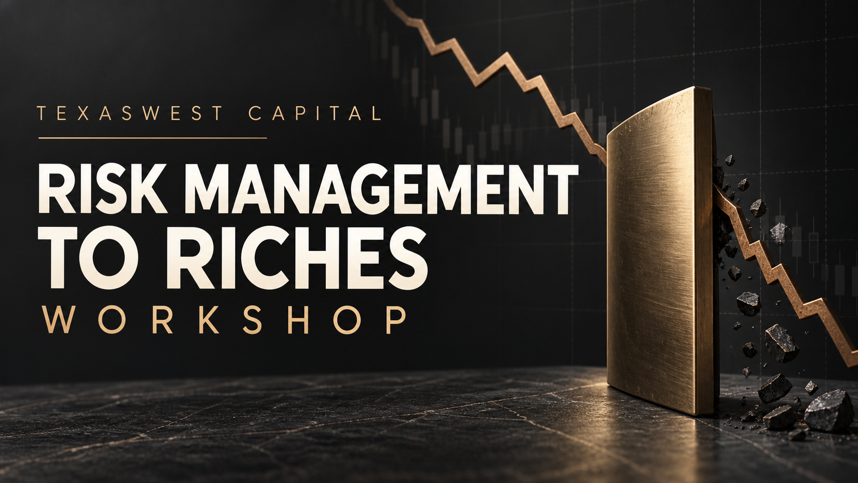 Risk Management to Riches Workshop cover: a brass block stops a falling price line
